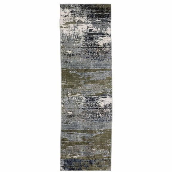 HomeRoots 508634 2 x 8 ft. Blue Green Gray Brown & Beige Abstract Power Loom Stain Resistant Runner Area Rug