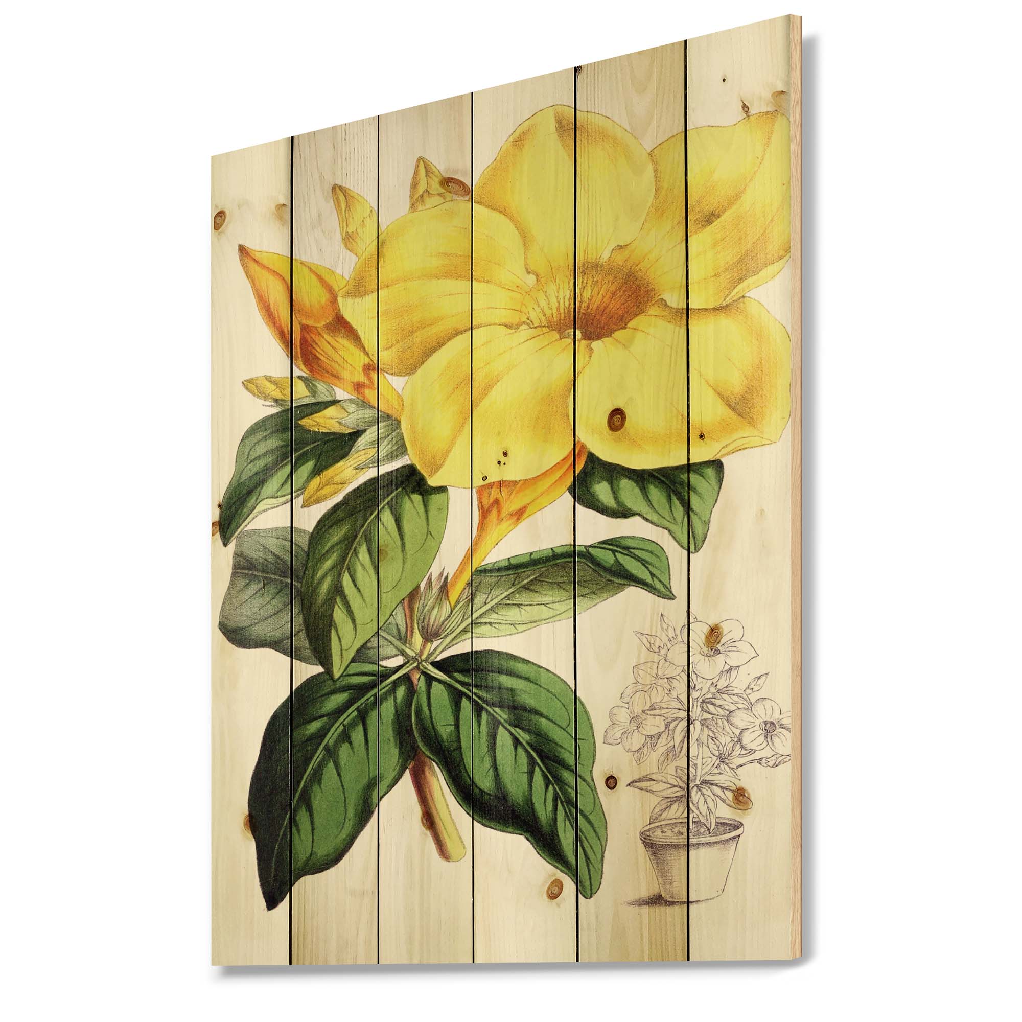 Designart 'Green Leaves With Tropical Yellow Flowers II' Traditional Print on Natural Pine Wood