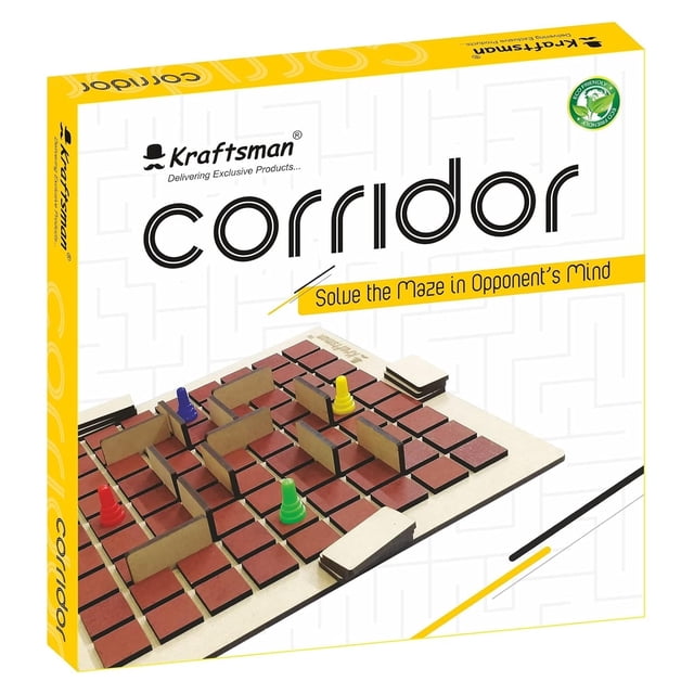 Kraftsman Corridor Board Game, a wooden maze strategy game for 2-4 players, displayed in its packaging. The game board features a 9x9 grid with red tiles, wooden walls, and colorful pawns in red, yellow, green, and blue. The eco-friendly game includes a cloth pouch for portability, making it ideal for travel or family game nights.