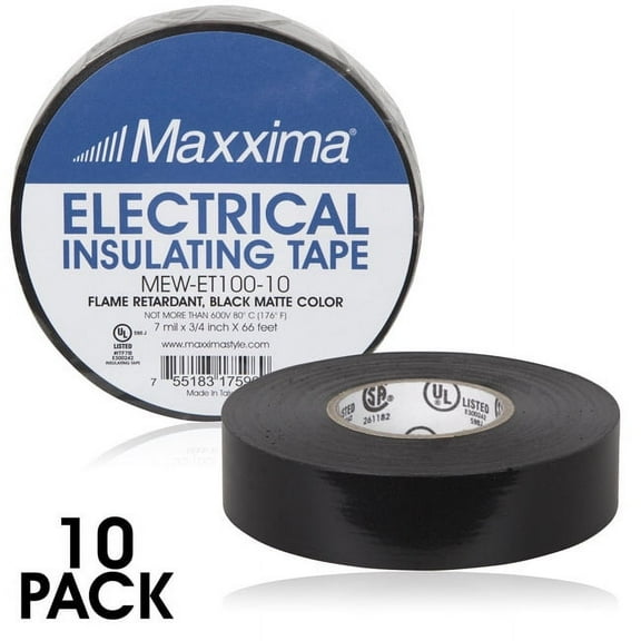 Maxxima Electrical Tape - 3/4 in. x 66 ft. Flame Retardant, Strong and Insulating, Ideal for Wires and Electrical Installation, UL Listed Black - 10 Pack