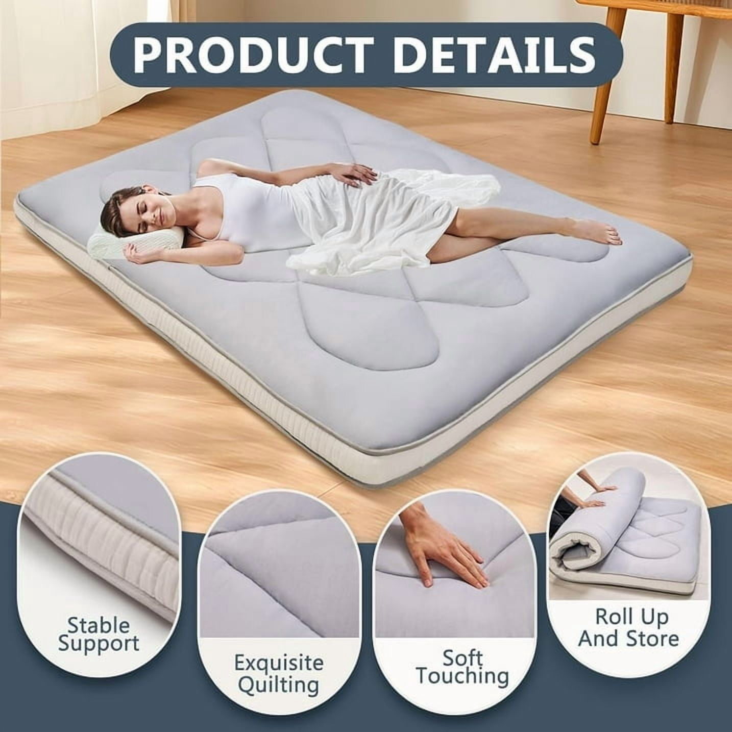 ABORON Japanese Floor Mattress Futon Mattress Queen Size, Thicken Tatami Mat Sleeping Pad Foldable Roll Up Mattress Gray