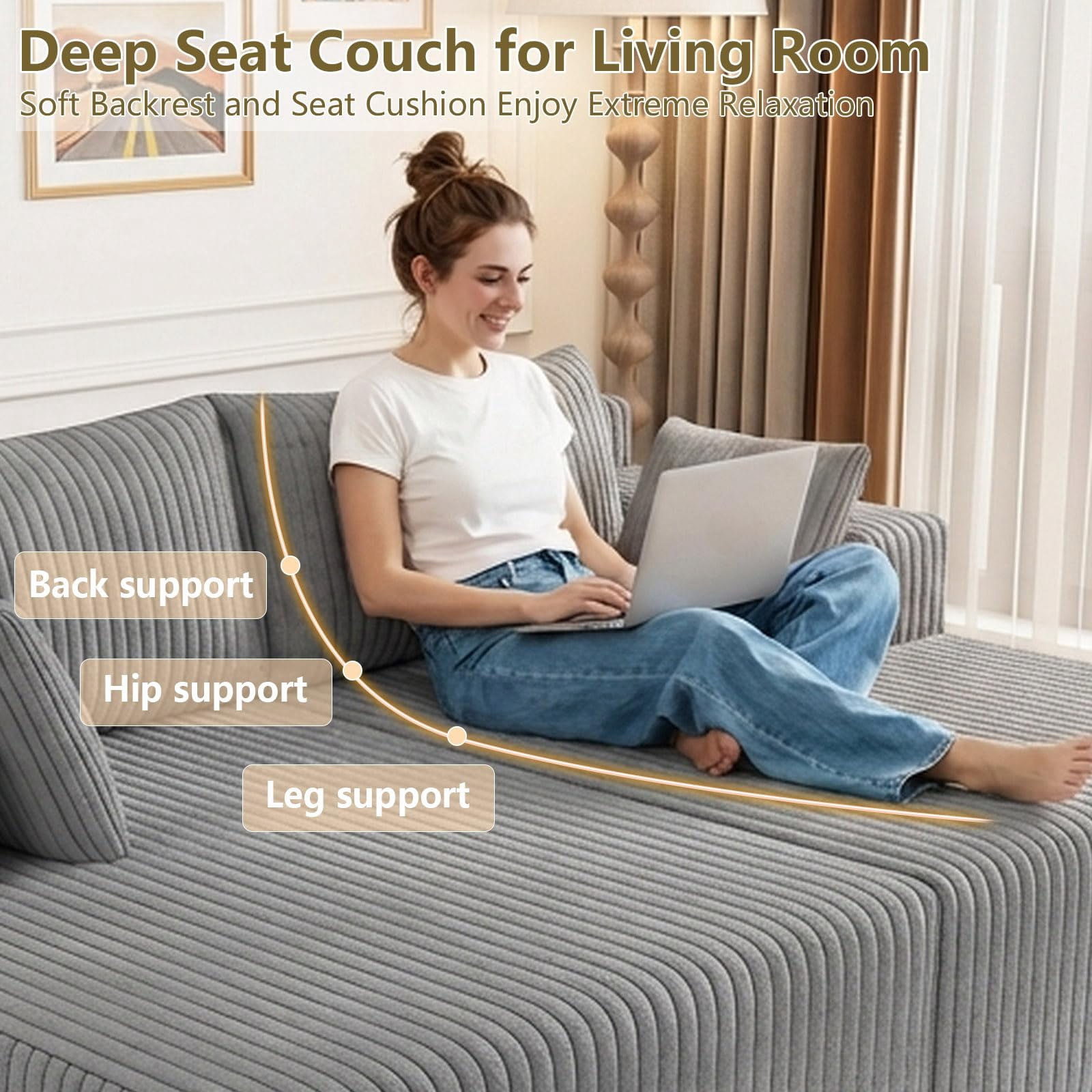 Aukfa 71" Oversized Double Chaise Lounge Indoor, Modular Boneless Cloud Couch Sleeper Loveseat, Deep Seat Corduroy Sofa Bed, No Assembly Required for Living Room Bedroom, Gray
