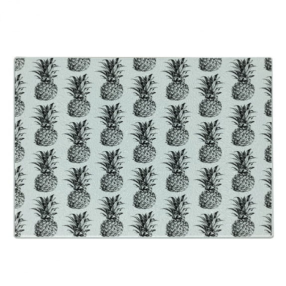 Pineapple Cutting Board, Hand Drawn Tropical Theme Vintage Style Pineapple Fruit Pattern, Decorative Tempered Glass Cutting and Serving Board, Small Size, Black Grey White, by Ambesonne