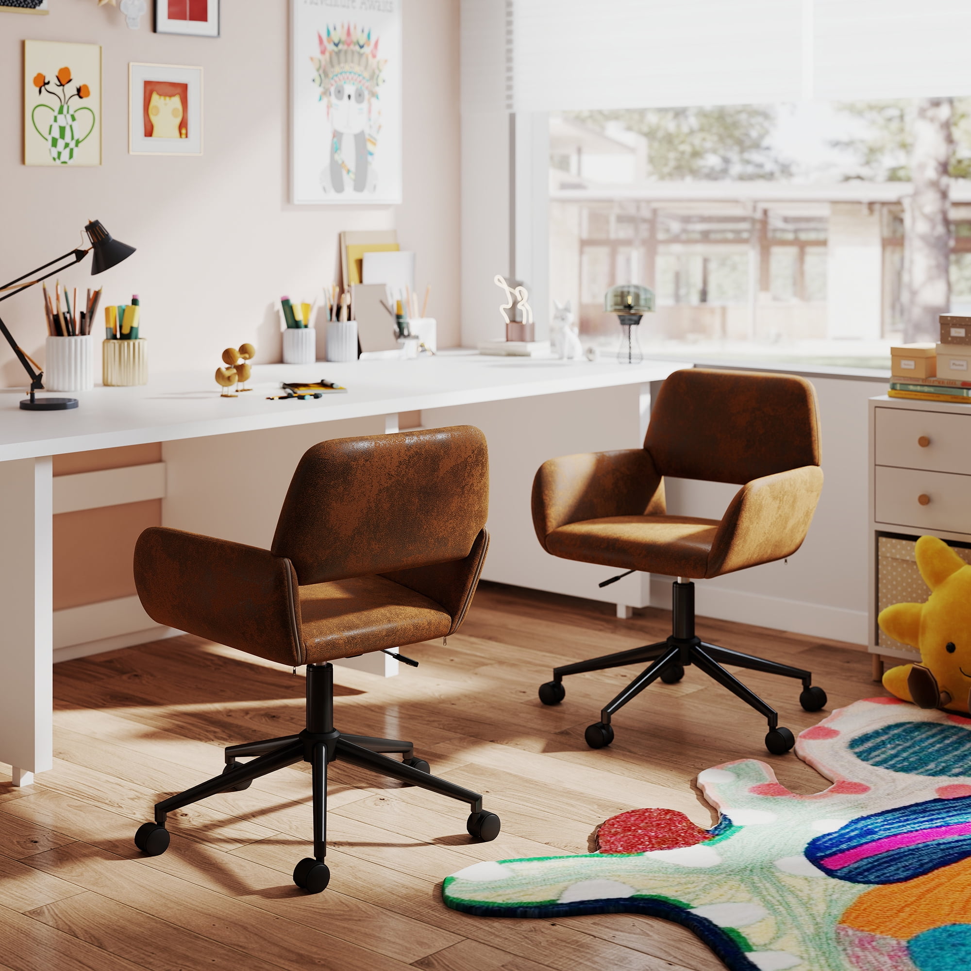 Homy Casa Kids Study Chair - Adjustable Height Swivel Task Chair with Armrests for Homework Play Room, Brown Faux Suede
