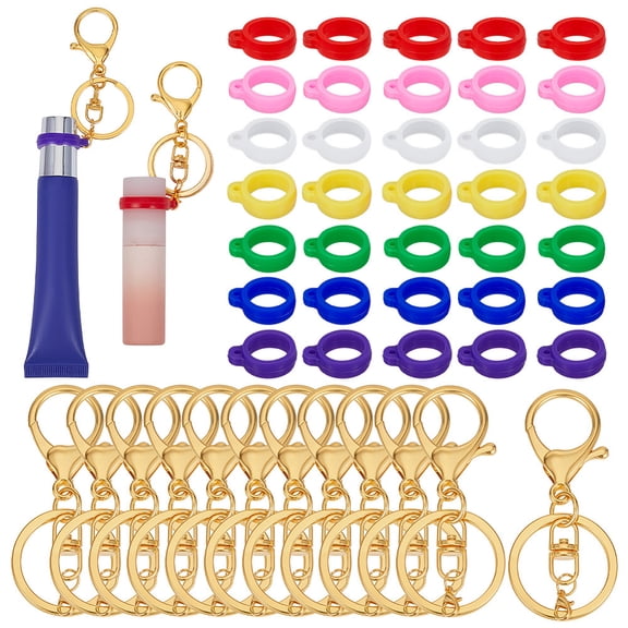 47 Pcs 7 Colors Lipstick Holder Key Chain Kit 35 Pcs Lip Balm Keychain Silicone Rubber Ring Holder with 12 Pcs Iron Keychain Clasps DIY