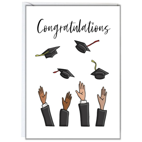 Graduation Card - "Congratulations" Design with Throwing Caps & Hands – Blank Inside – Perfect Greeting Card for Graduates, Students, Friends, and Family