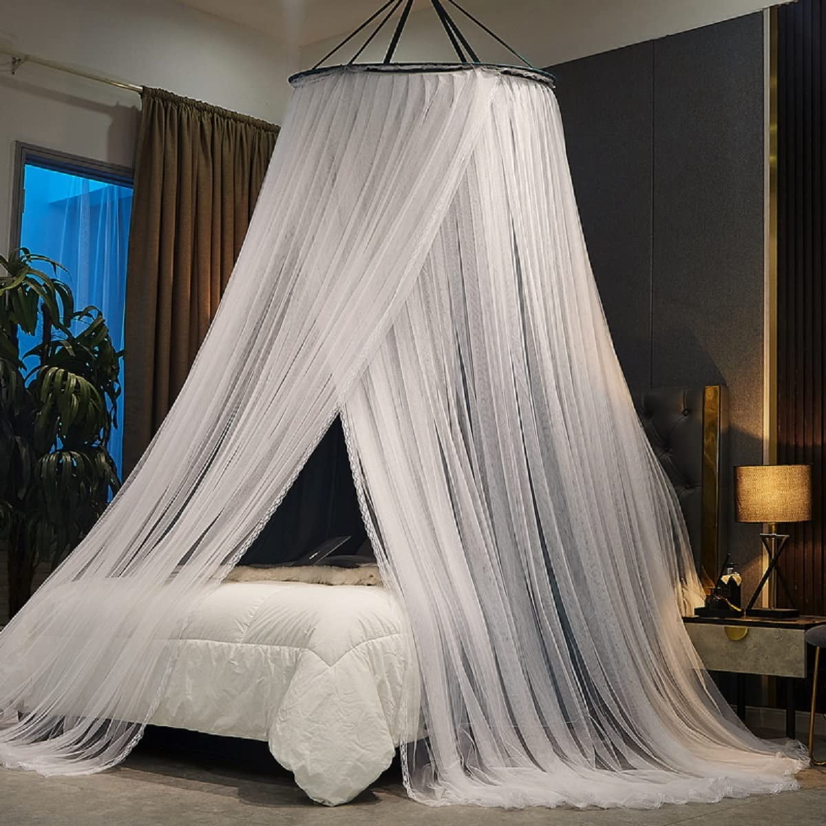 Luxurious Bed Canopy for Girls & Adults - Double Layer Princess Canopy with Lace, Round Dome Mosquito Netting for Queen/King Bed Tent (Peacock Blue)