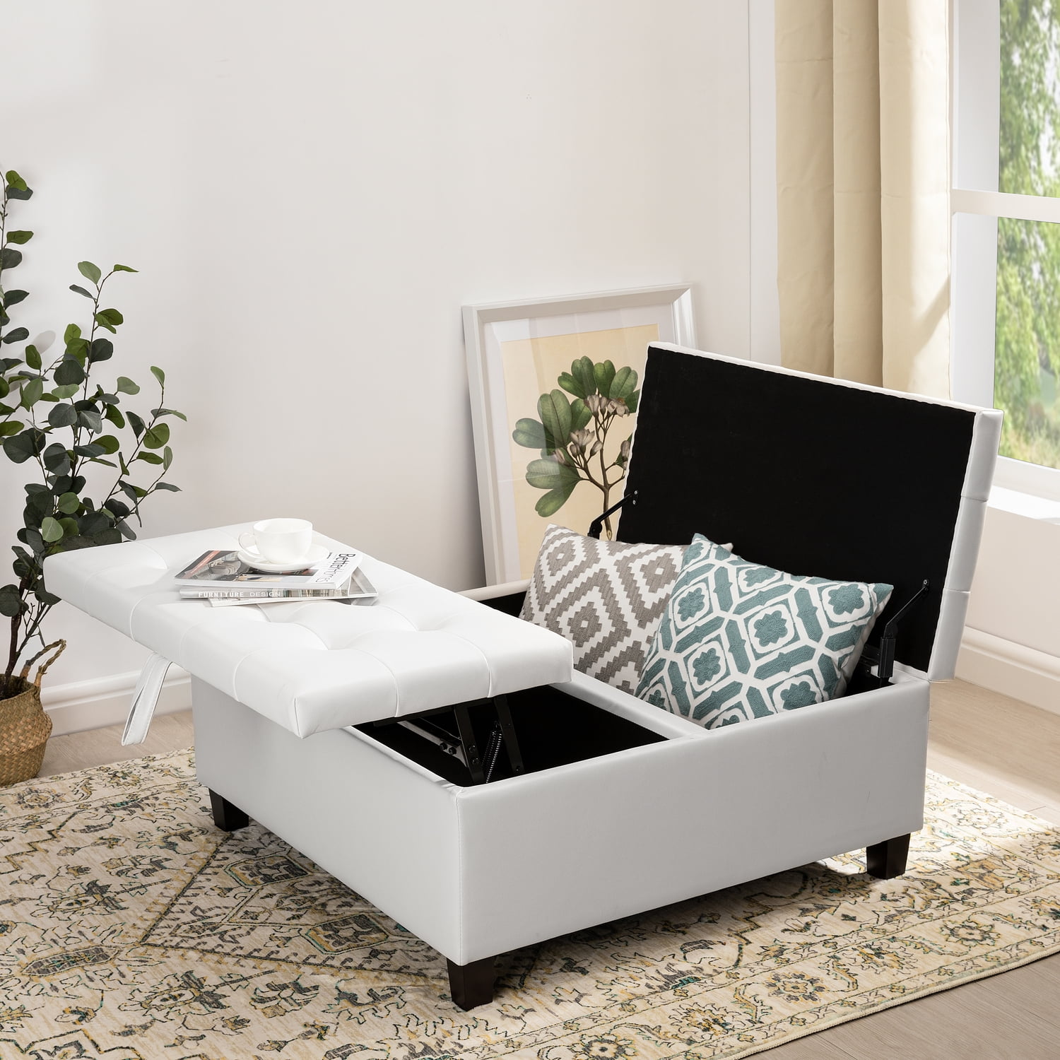 Charlotte 35 Inch Large Square Storage Ottoman Bench, Tufted Upholstered Lift Top Coffee Table Ottoman with Storage, Oversized Storage Ottomans, Toy Box, Air Leather Footrest for Living Room – White