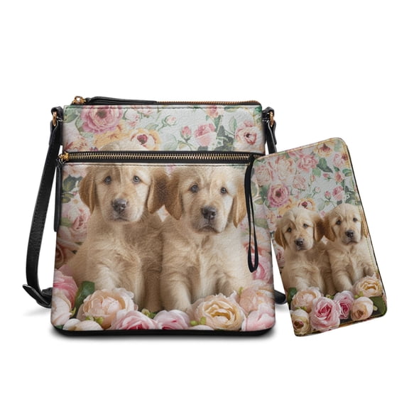 LedBack Labrador Rose Leather Messenger Purse Set Crossbody Hobo Bag with Leather Wallet, Multi Pocket Satchel Purse with Wallet Portable Shoulder Purse with Adjustable Strap, Pink