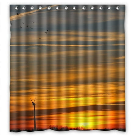 Orange Windmill - GreenDecor Orange Yellow Sky Bird Flying Windmill Sunset Glow Waterproof Shower Curtain Set with Hooks Bathroom Accessories Size 66x72 inches