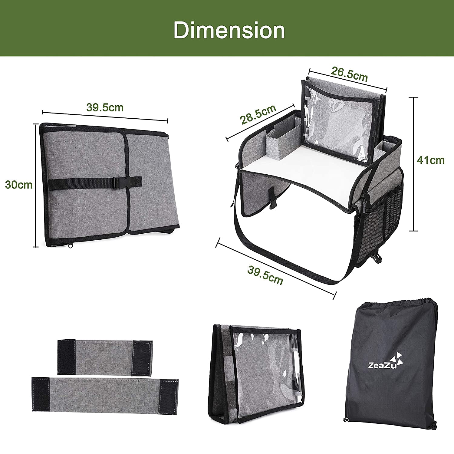 ZeaZu Kids Travel Tray with Bag Foldable Toddler Car Seat Tray 17.5D x 12.5W x 2H inch, Silver
