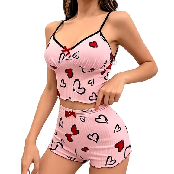MVRLSH Womens Lounge Pajama Sets Heart Print Short Two Piece Casual Night wear Soft Comfortable Tank Tops Pink Size XL