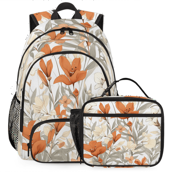 Herdesigns Floral Spring Large Backpack Set with Lunch Box Lightweight Water Resistant Travel Laptop Backpacks Casual Daypacks for Women Men