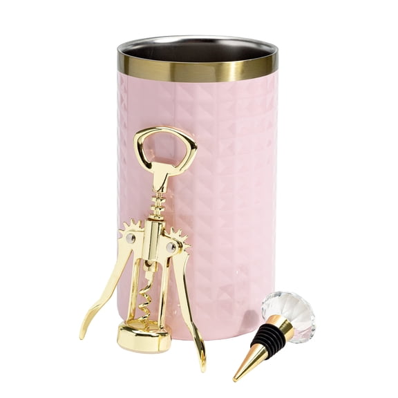 Paris Hilton Wine Bottle Chiller Set, Insulated Double Wall Chiller, Gold Winged Corkscrew Wine Bottle Opener, Diamond Wine Stopper, 3-Piece Set, Pink