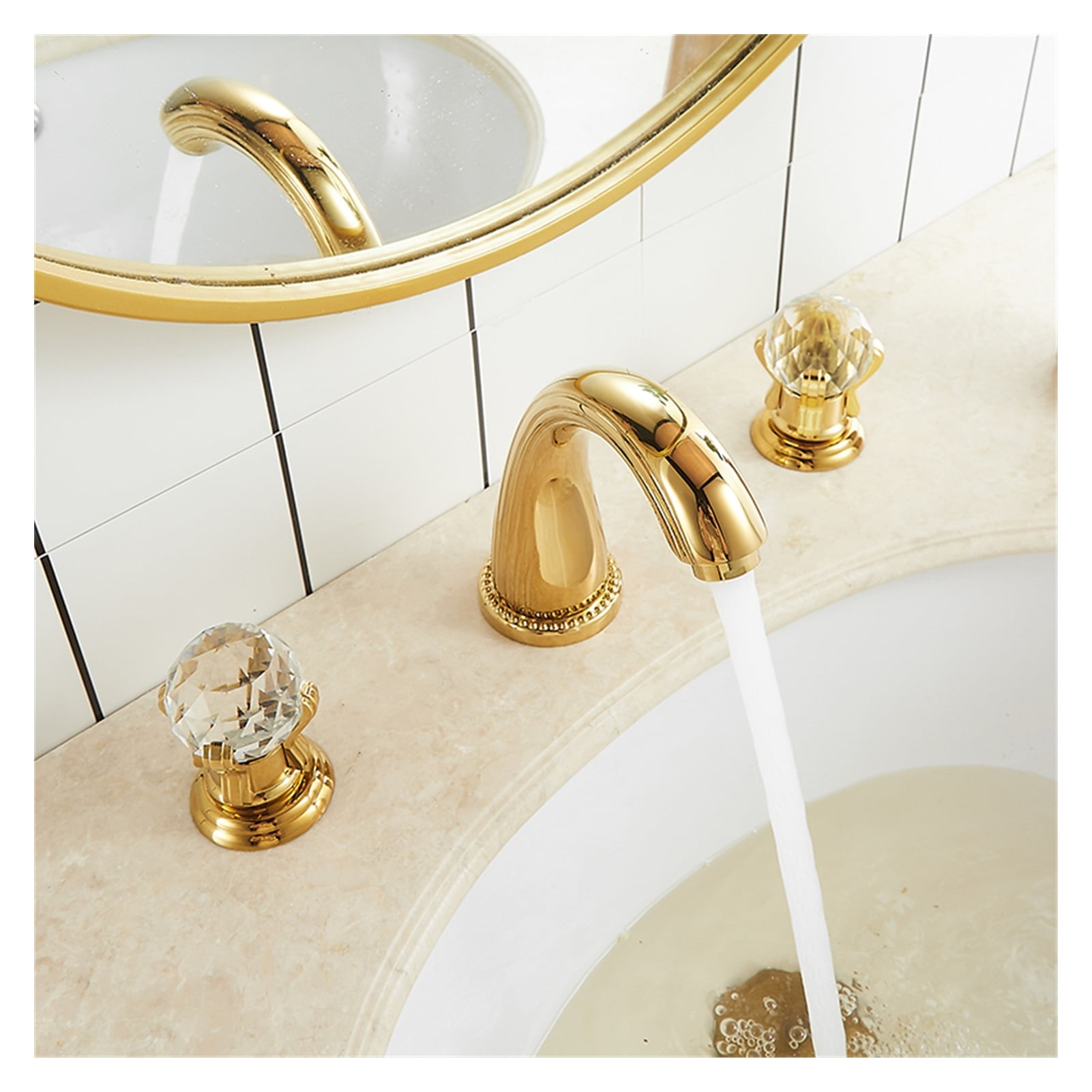 Basin Faucet Gold Bathroom Sink Faucet 3 Hole Widespread Basin Mixer Hot And Cold Brass amd Crystal Water Tap New ,Easy to Use