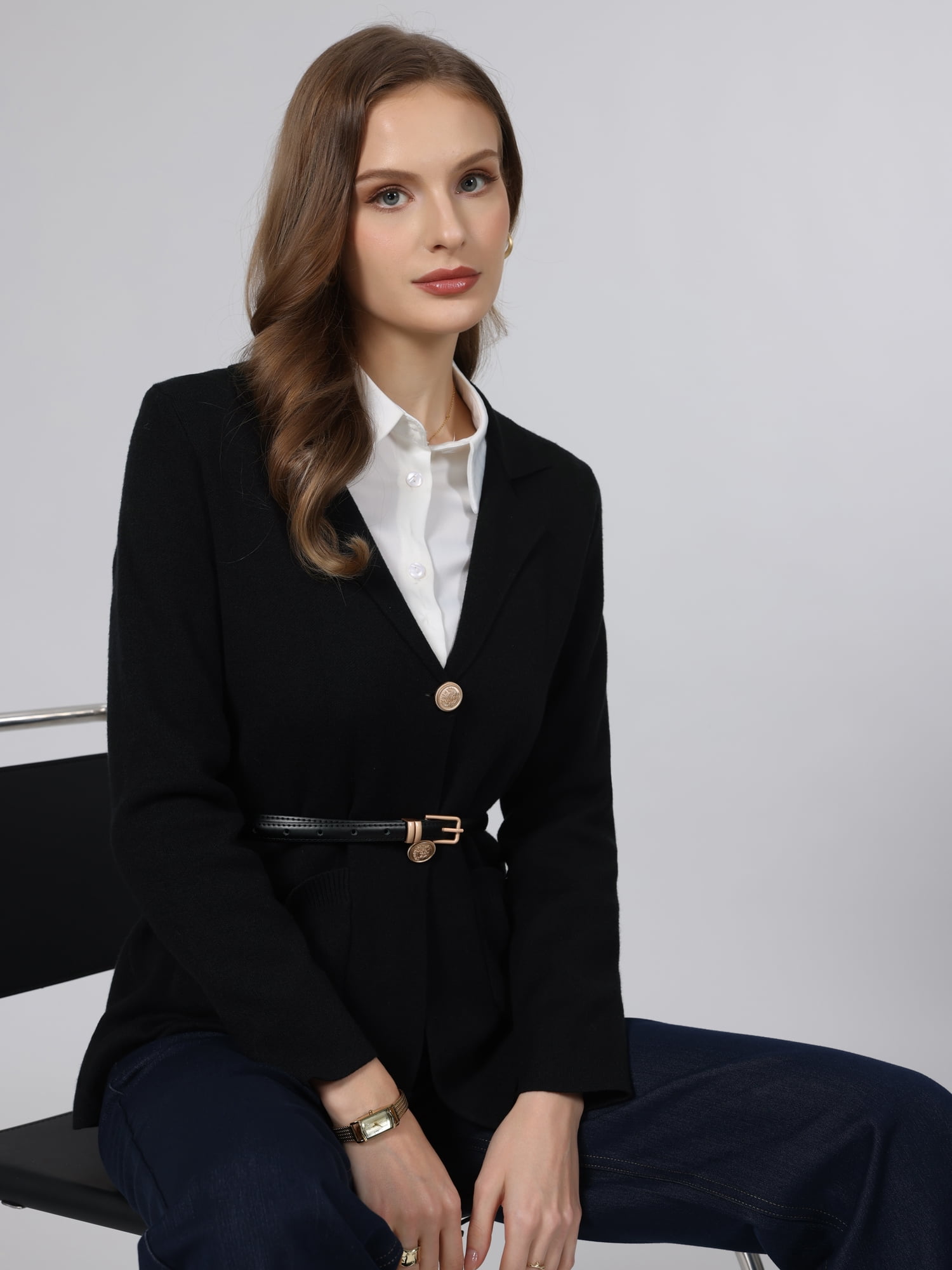 DARING DIVA Women's Sweater Blazer Lapel Knit Pockets Blazer S Black