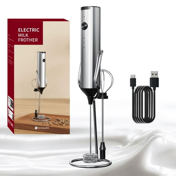 Handheld Rechargeable, Electric Stainless Steel Handle Whisk Drink Mixer with 2 Stainless whisks and 1 Stand, 3 Speed Adjustable Foam Maker Blender for Coffee Cappuccino