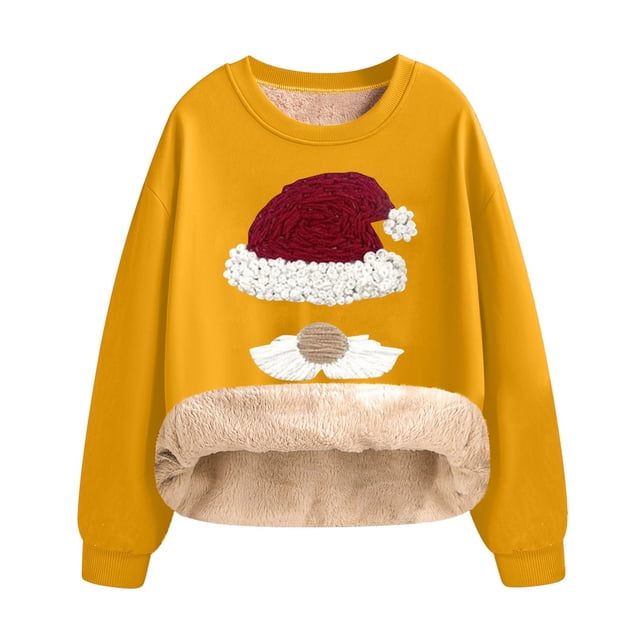 Diufon Chandails en Molleton de Noël pour Femmes en Polaire Épaissie Chaude à Manches Longues Col Rond Pull Imprimé Mignon
