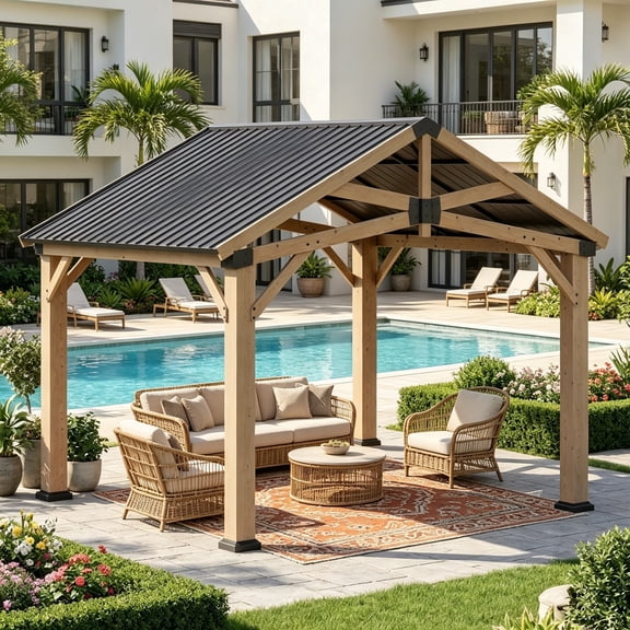 Sunmthink 10' x 12' Cedar Wood Gazebo, Hardtop Gazebo with Galvanized Steel Gable Roof, Permanent Wooden Pavilion for Patio Backyard Lawn Garden