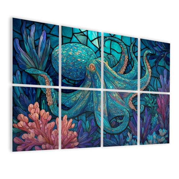 Stained Glass Style 8 Pack Art Acoustic Panels Sound Absorbing Colorful Baroque Octopus Coral Swirling Vintage Decorative Soundproof Wall Panels Self Adhesive for Nursery Game Room Bedroom 48"x32"