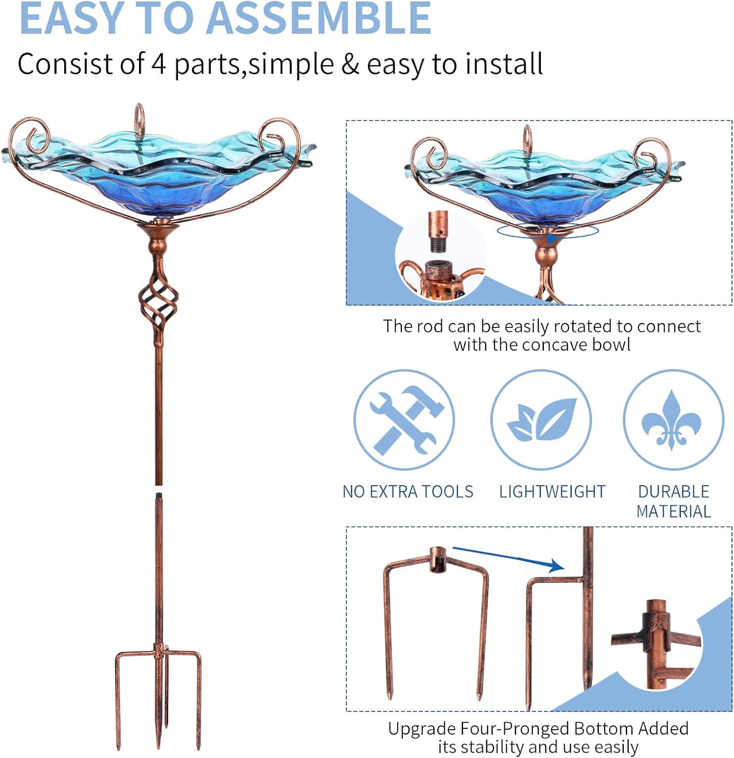 Bird Baths for Outdoors, Glass Bird Bath Bowl with Metal Birdbaths for The Garden Outside, Blue, 31 Inch Height