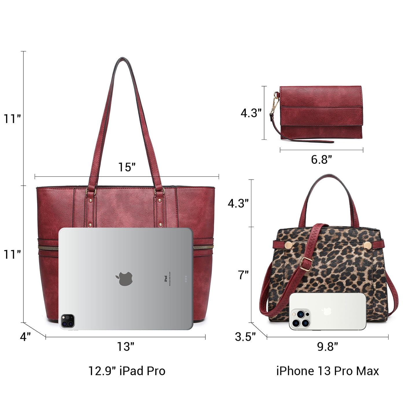 VANSARTO Women's Large Handbags Work Tote Vegan Leather Satchel Bag 3 Pcs Purse with Wallet, Burgundy/Leopard