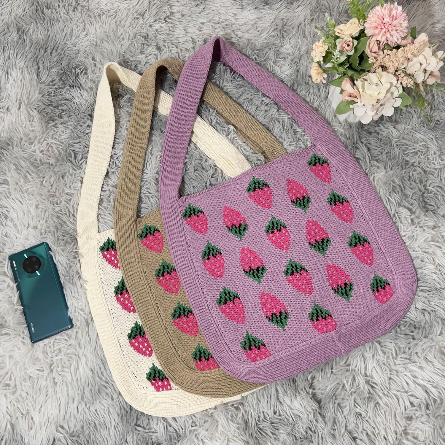 Kukuzhu Crochet Tote Bag Aesthetic Strawberry Purse Kawaii Purse Crocheted Bag Kawaii Tote Bag