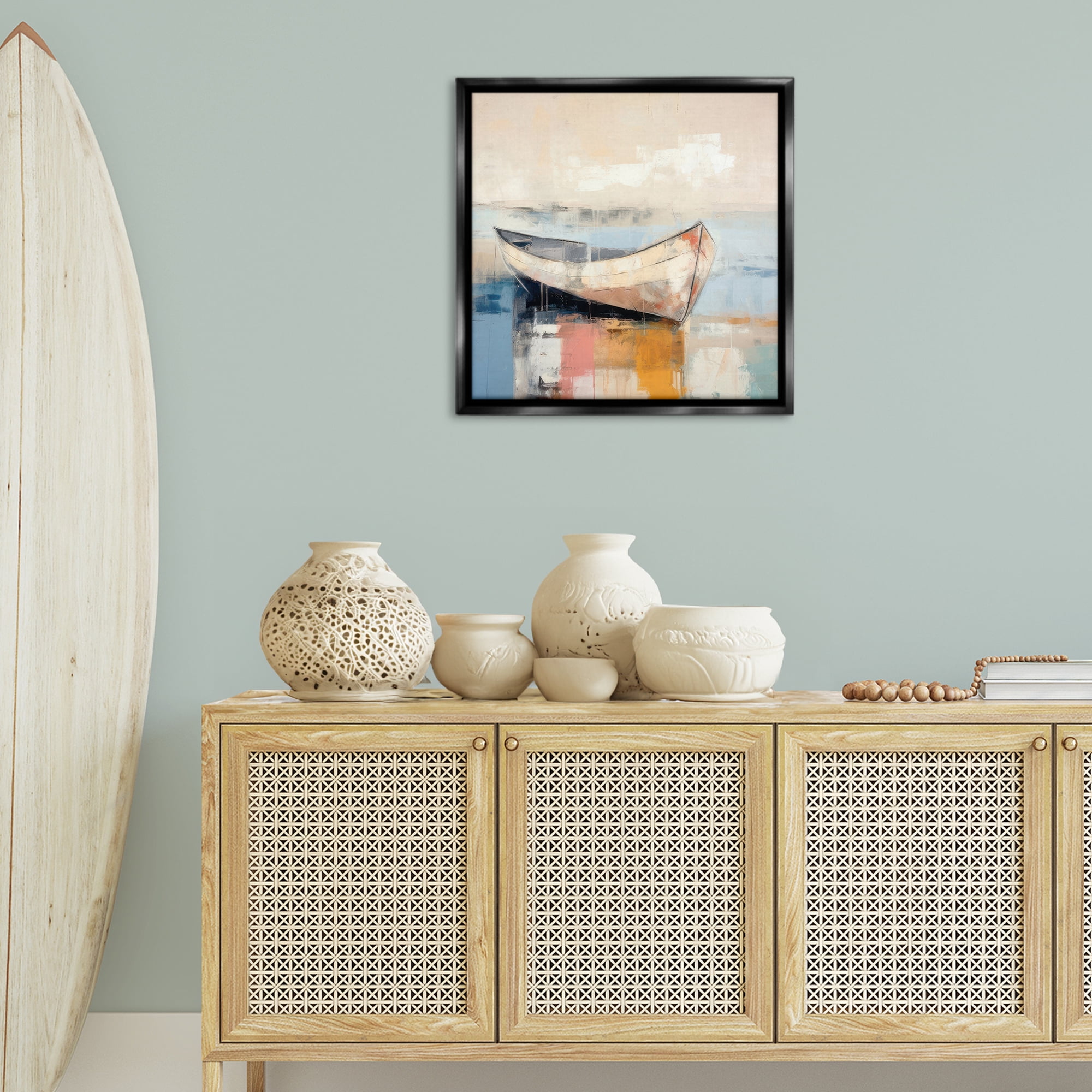 Stupell Industries Charming Coastal Boat Nautical & Beach Painting Black Floater Framed Canvas Art Print Wall Art, 25 x 25