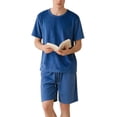 thumbnail image 4 of mihongmao Summer Mens Outfits Workout Men Solid-Color Casual Loose Sports Pocket Elastic-Waist Shorts Short Sleeve Round-Neck Blouses Top Set Blue M, 4 of 8