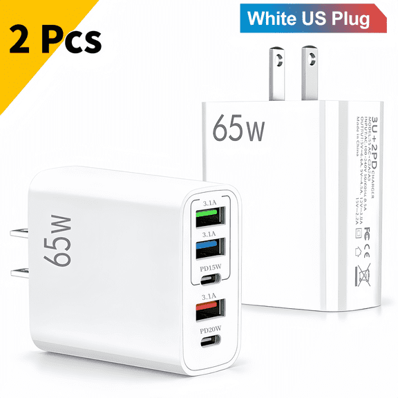 QINIUXO USB C Charger Block, 2-Pack 65W Wall Charger, 5-Port Type C Fast Charging Block Power Adapter Compatible with Phones, Tablets & More, White