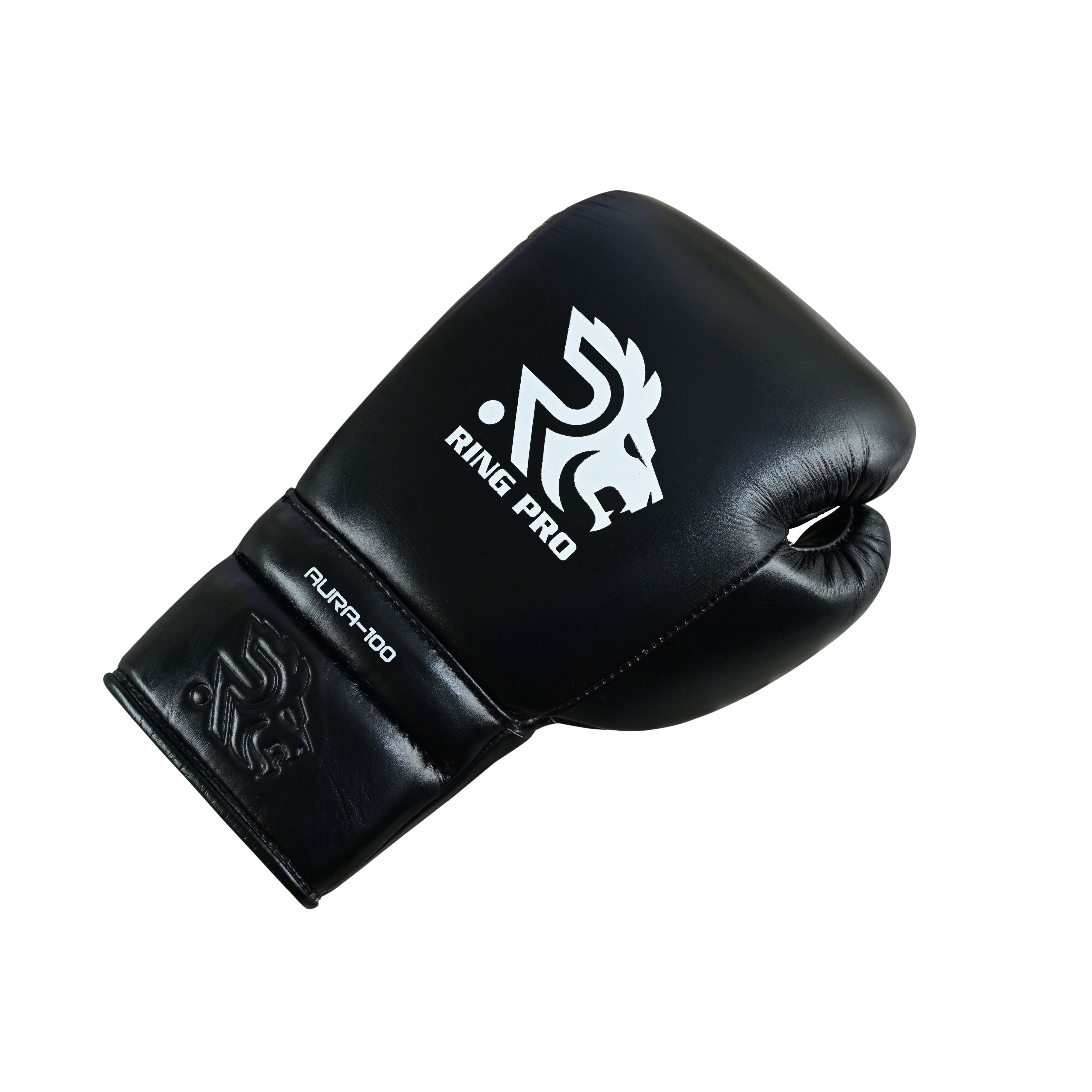 Ring Pro Sports Aura-100 Series Boxing Glove Made of Genuine Cowhide Leather for Boxing & MMA - Black 16 oz