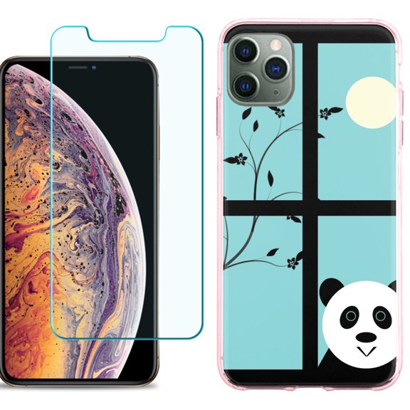 For Apple iPhone 11 Pro Max Case , Slim-Fit TPU Protective Phone Case (Pink Bezel) with Tempered Glass Screen Protector, by OneToughShield ® - Moon Panda