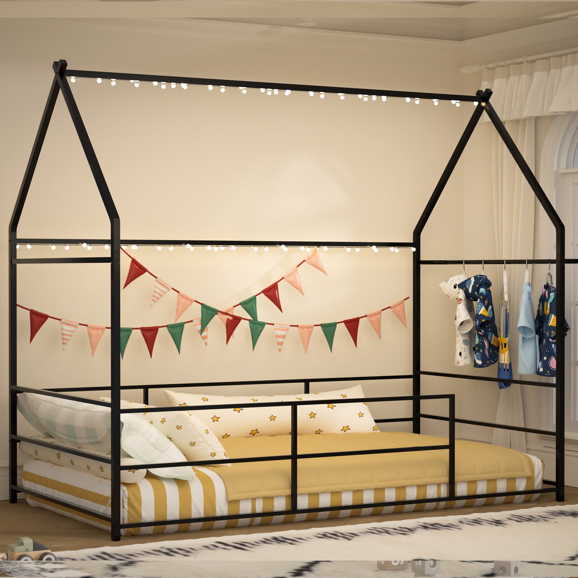 Joywind Metal Twin Floor House Bed with Headboard, Footboard & Guardrails - Montessori Style Bed Frame with Hanging Bar for Boys, Girls,Black