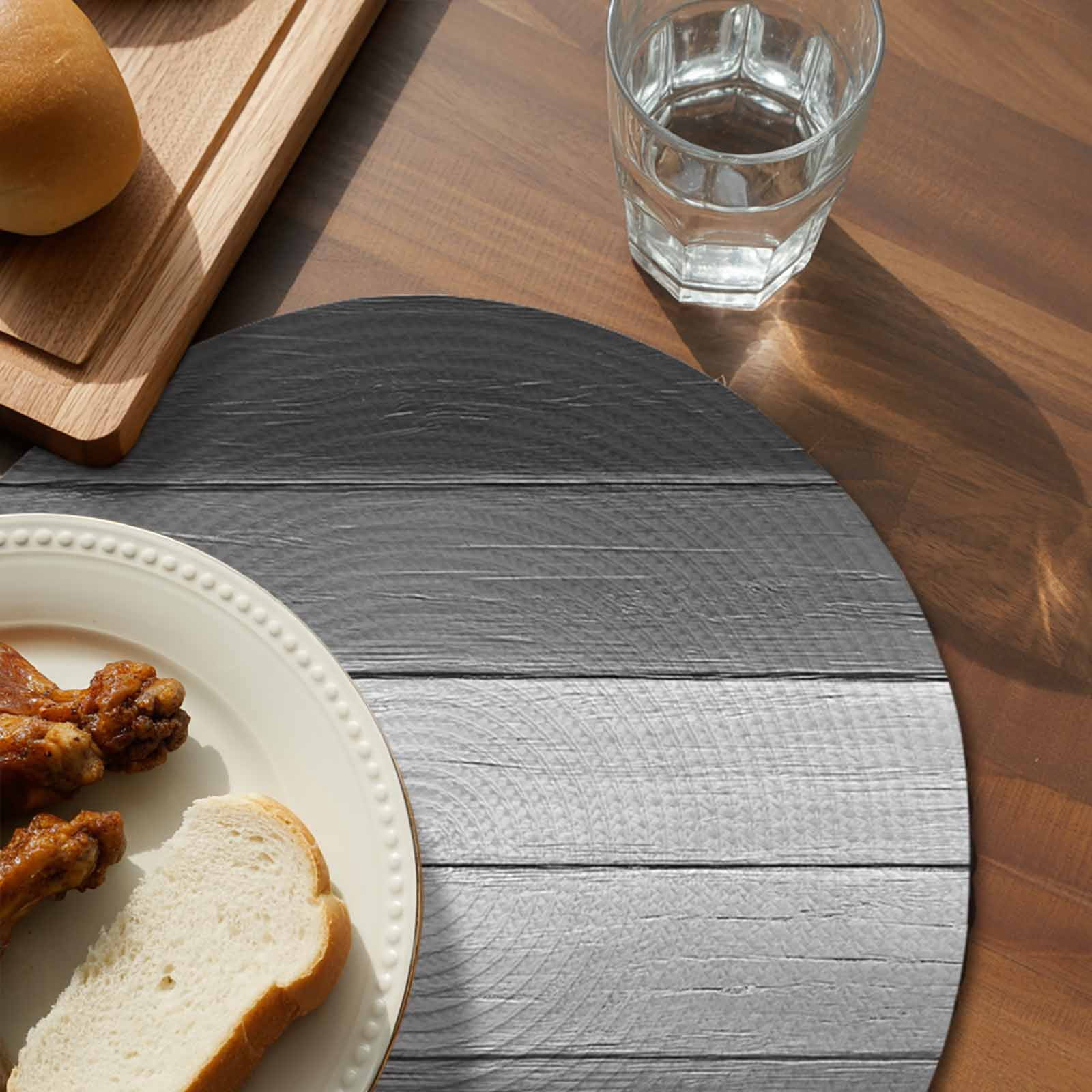 Round Placemats Set of 4 Black Wood Grain Place Mats Washable Woven Placemat Grey Gradient Wooden Circle Braided Table Mat for Kitchen Dining Table Party Home Decor 15 Inch