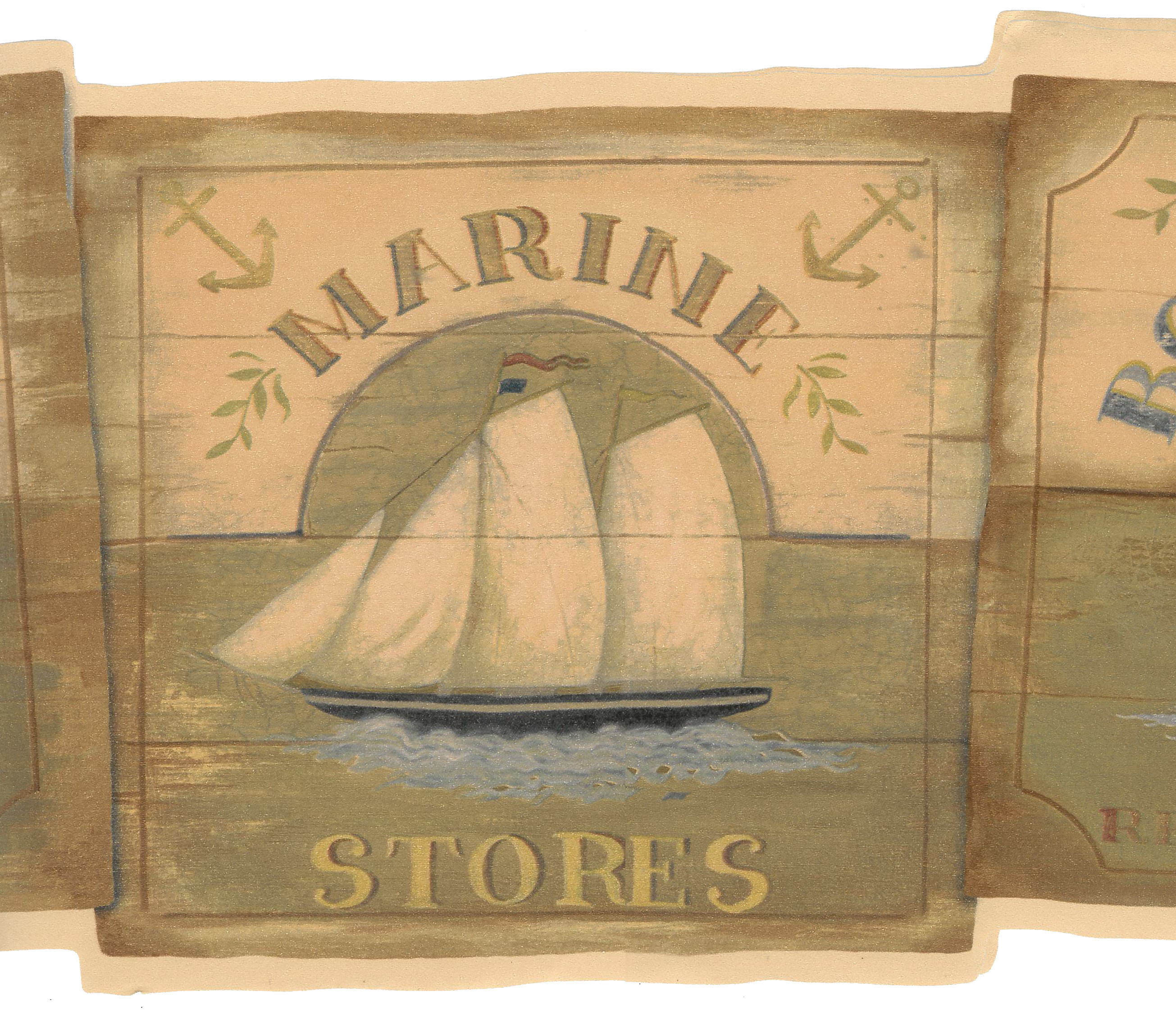 Prepasted Wallpaper Border Nautical Beige, Brown, Green Maritime