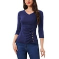 thumbnail image 1 of Blusa de mujer con fruncidos Inspire Chic, decoración de botones, cuello en V, manga 3/4, top de punto sólido, color azul marino M, 1 of 5