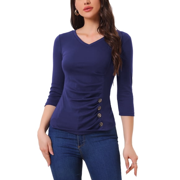 Blusa de mujer con fruncidos Inspire Chic, decoración de botones, cuello en V, manga 3/4, top de punto sólido, 3XL, azul marino