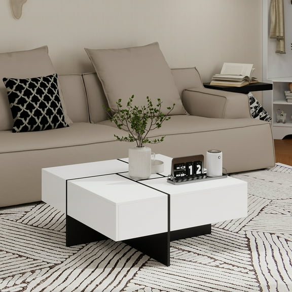 Unique Design Coffee Table with 4 Hidden Storage Compartments, Square Cocktail Table with Extendable Sliding Tabletop, UV High-gloss Design Center Table for Living Room, 31.5"x 31.5"