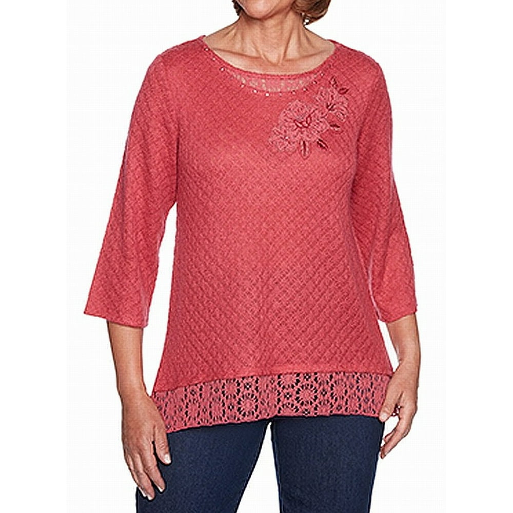 Alfred Dunner Womens Knit Top Brick Plus LaceTrim Studded 2X
