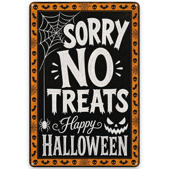 Halloween Metal Wall Decor Sign 8x12 Inch - "Sorry No Treats Happy Halloween" - Vintage Indoor Outdoor Rustic Iron Sign with Spider and Pumpkin Design, Easy Hanging Home Decor