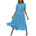 thumbnail image 3 of Kmdttou Women's Summer Flower Solid Color Casual Short Sleeve Crewneck Dress Casual Flowy Tiered Maxi Beach Dress,Chic Day Dresses for Ladies Summer Wear, 3 of 7