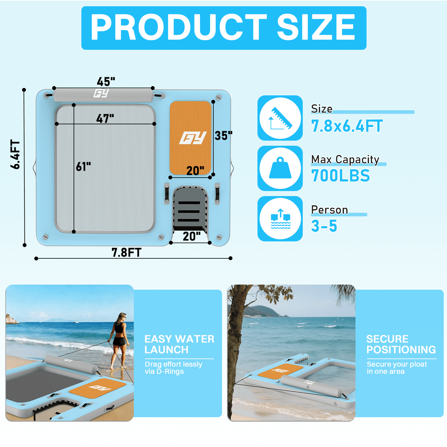 Inflatable Hammock & Ramp Floating Dock, 7.8 x 6.4 Ft Inflatable Floating Platform with Mesh, 700 LBS Load Capacity Lake Float with Boat Ramp for Pool Party, Fishing & Tanning