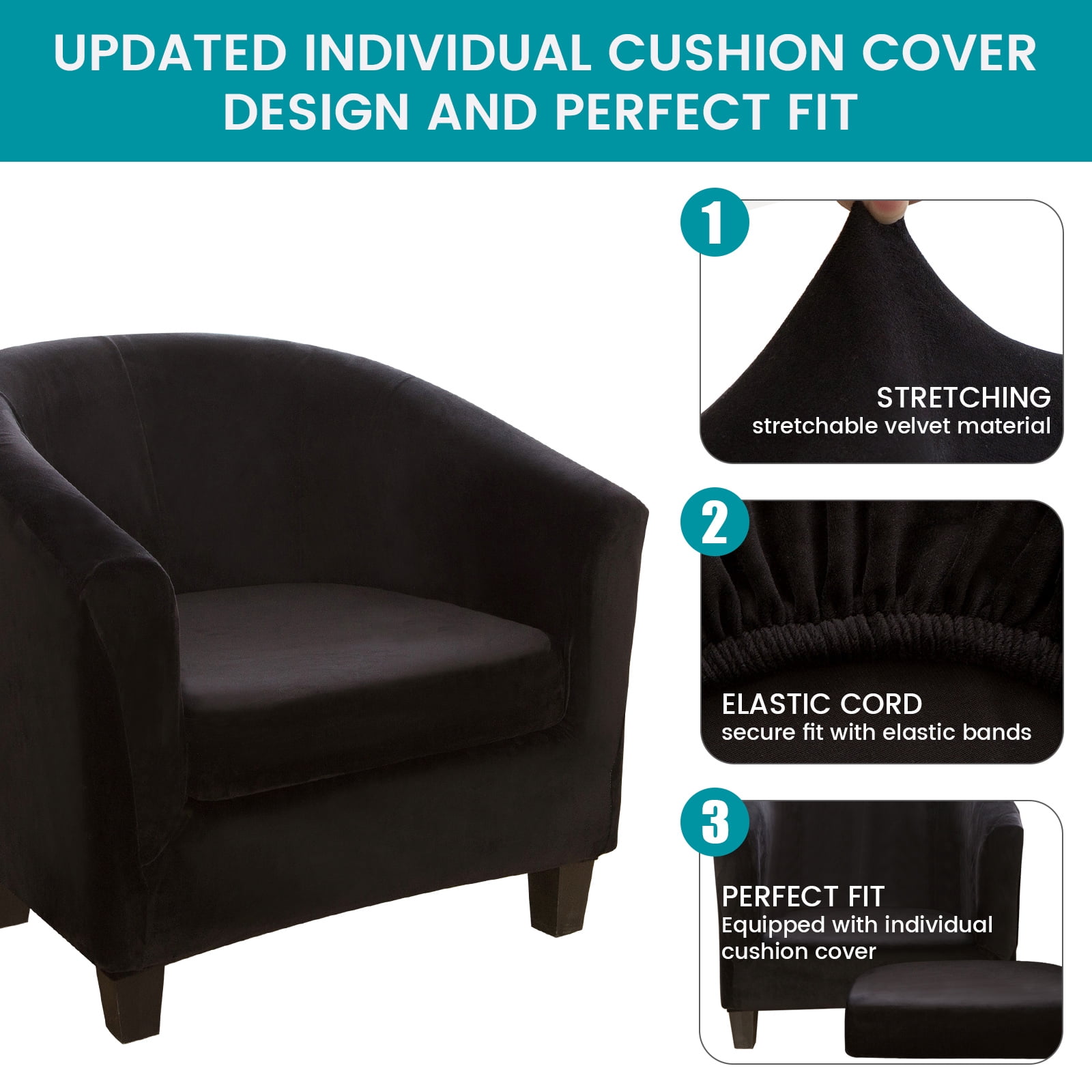 SHANNA Velvet Tub Chair Covers, 2 Pieces Stretch Modern Armchair Slipcovers Non Slip Sofa Couch Slipcover for Club Bar Counter Living Room Reception,With Separate Cushion Cover, Black, 2 Pack