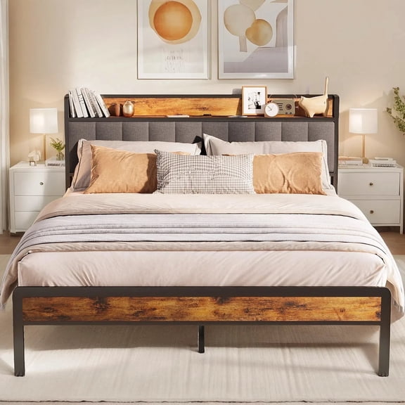 Full Bed Frame with Storage Headboard Camas Full Size, Metal Platform Bed Hold 1000 lbs, Dark Gray