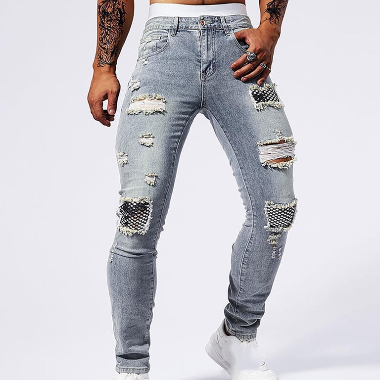 FRSASU Mens Crystals Sequin Patchwork Jeans Skinny Stretch Slim