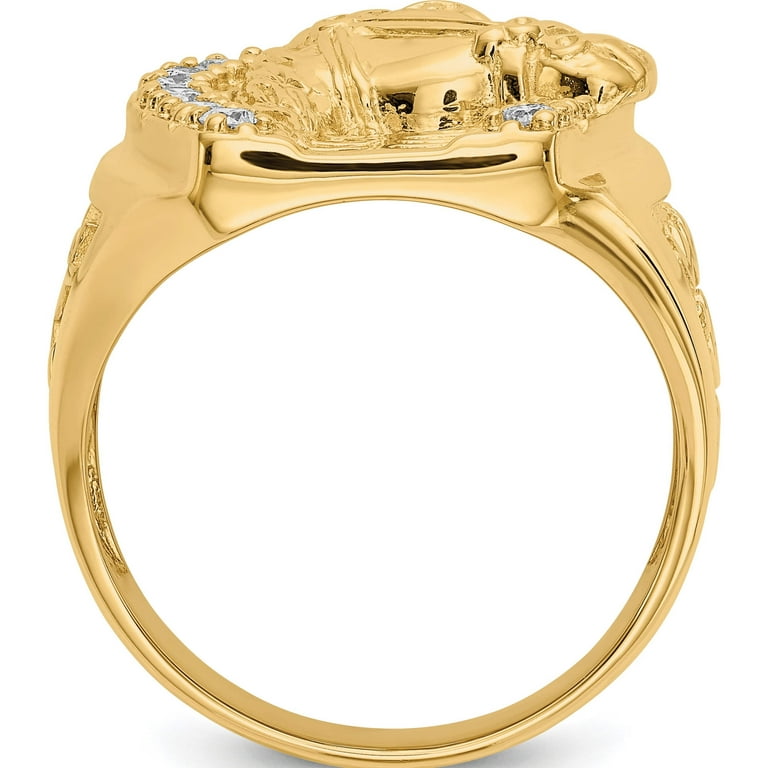 14K Yellow Gold Mens Diamond Horseshoe With Horse In Center