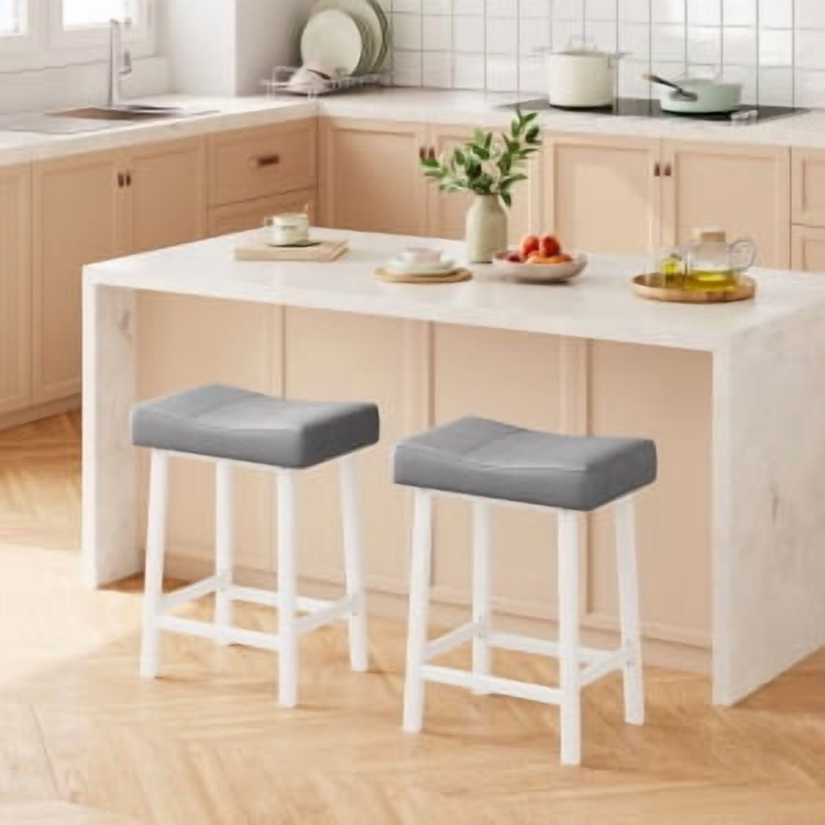 Acekid Bar Stool Set of 4&nbsp;– 24 Inch Counter Height, Upholstered Padded Seat with Curved Surface, Ergonomic Saddle Design for Kitchen/Home, White + Grey Cushion