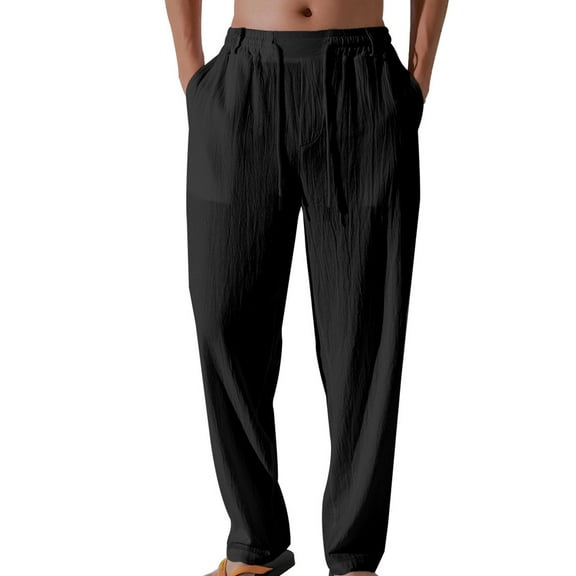 YLSDY Men's Linen Pants Summer Beach Lightweight Drawstring Yoga Trousers with Pockets Wide Leg Elastic Waist Palazzo Pant Black M