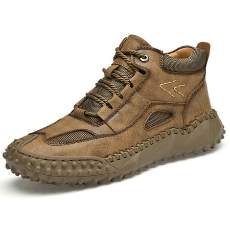 Mens Shoes Casual Boots Leather Driving Walking Ankle Fashion Hand Hiking Lace-up Loafers Men Slip-On Sneakers Brown 7 US
