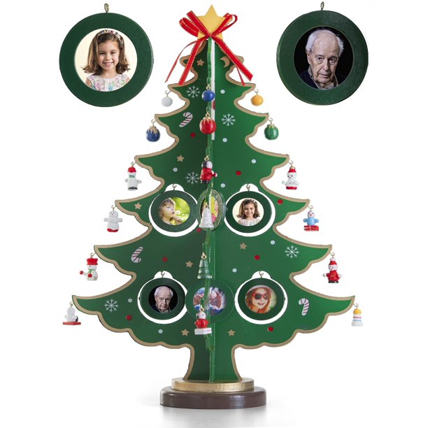 17Inch Picture Frame Wooden Tabletop Christmas Tree with 8 Hanging Picture Frames Ornaments and